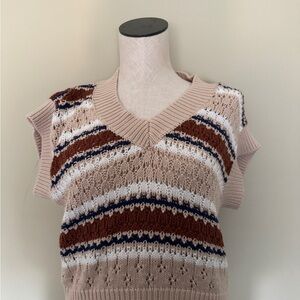 Altar'd State Blush V-Neck Sleeveless Sweater Vest with Brown & Navy Stripes